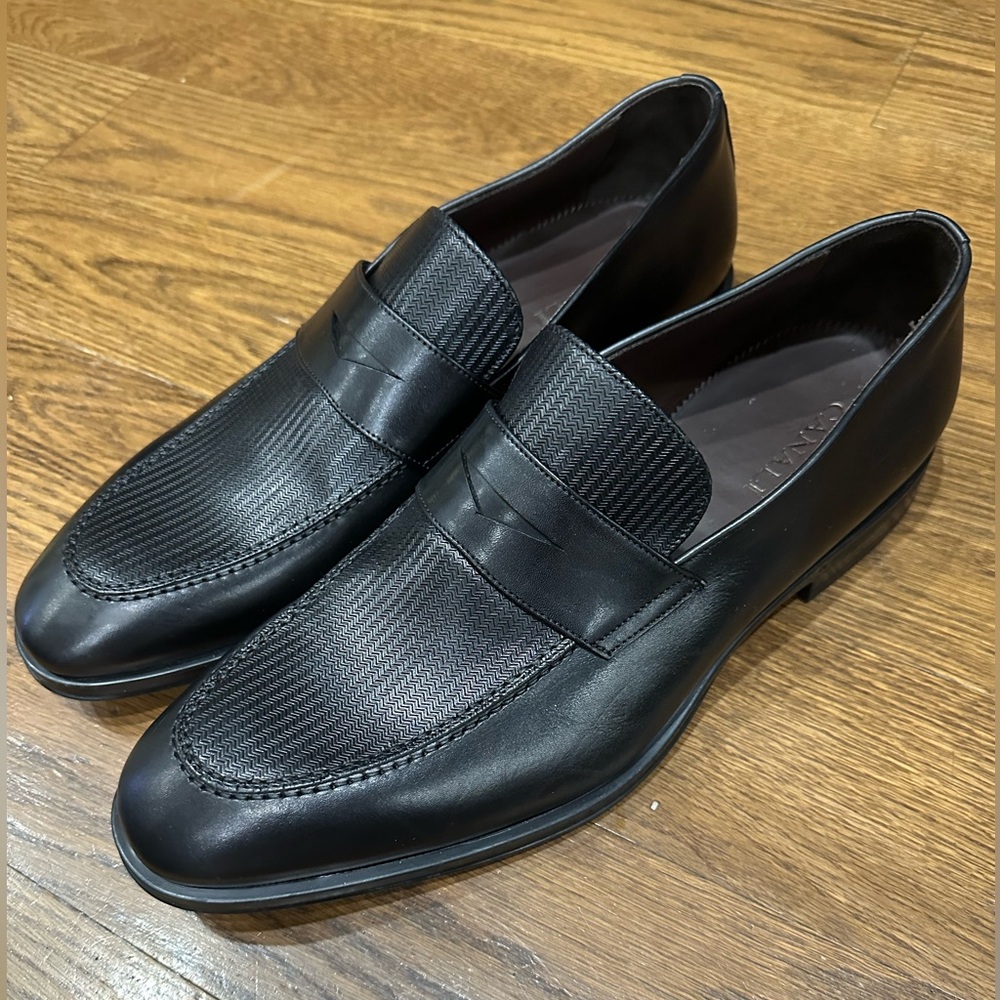 Canali Black Textured Penny Loafer Size US 13/EU 46 M